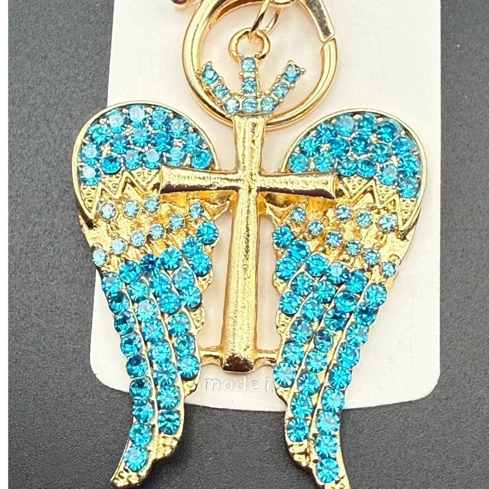 Angel Wings Cross Rhinestone Gold Keychain Bag Charm‎